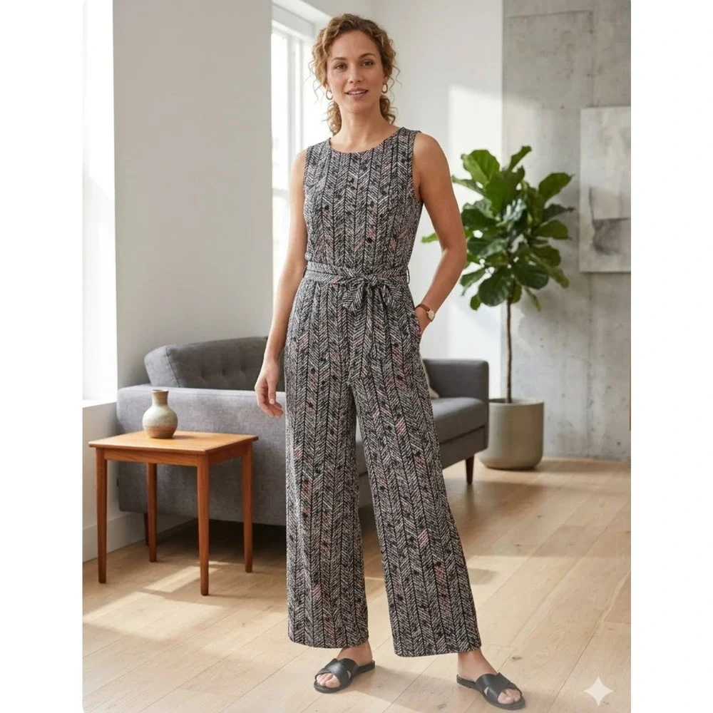 FashionWeb 3X Black White Pink Chevron‎ Sleeveless Belted Wide Leg Jumpsuit Boho